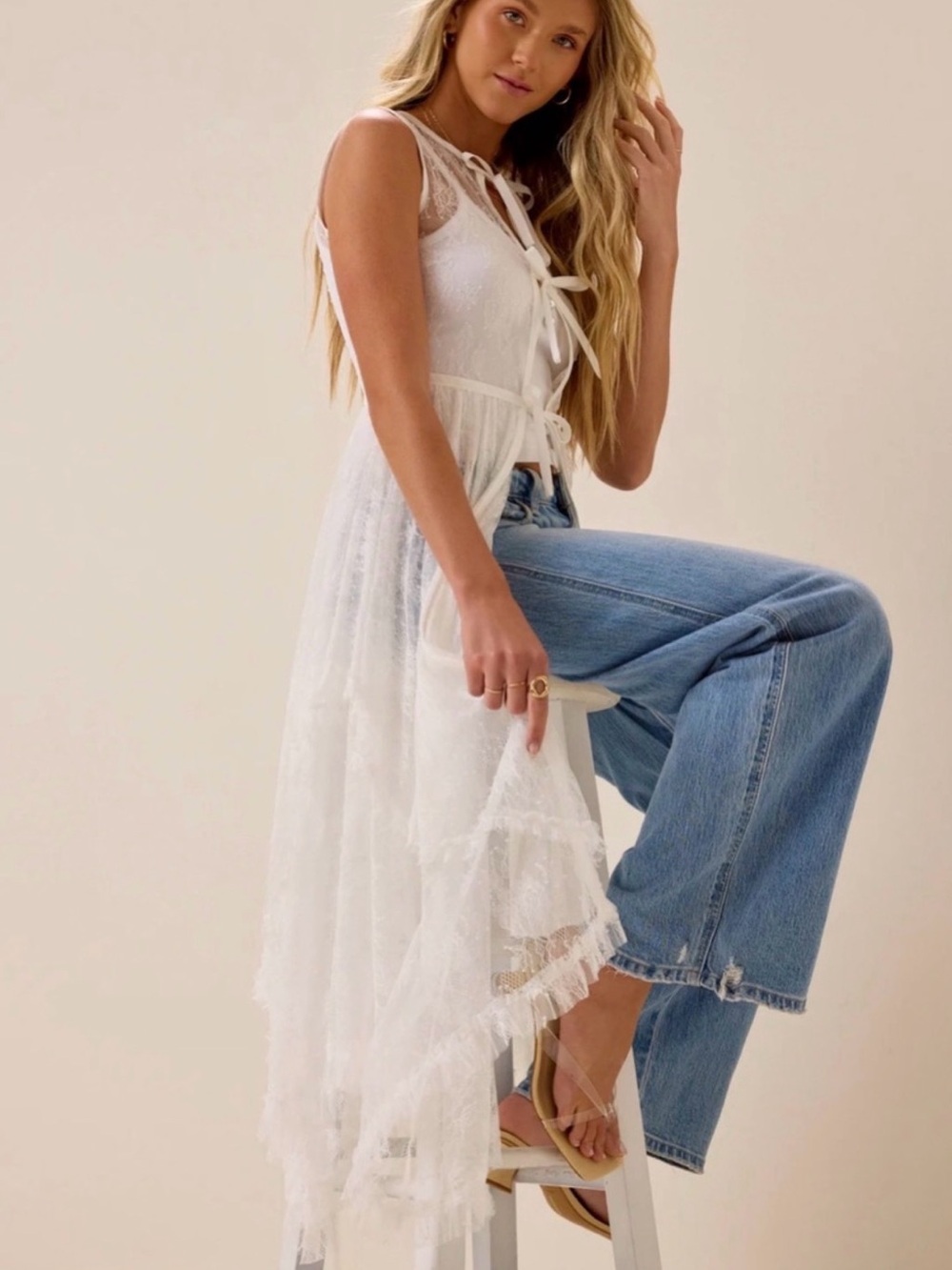 Altar'd State White Lace Tie-Front Top Kimono